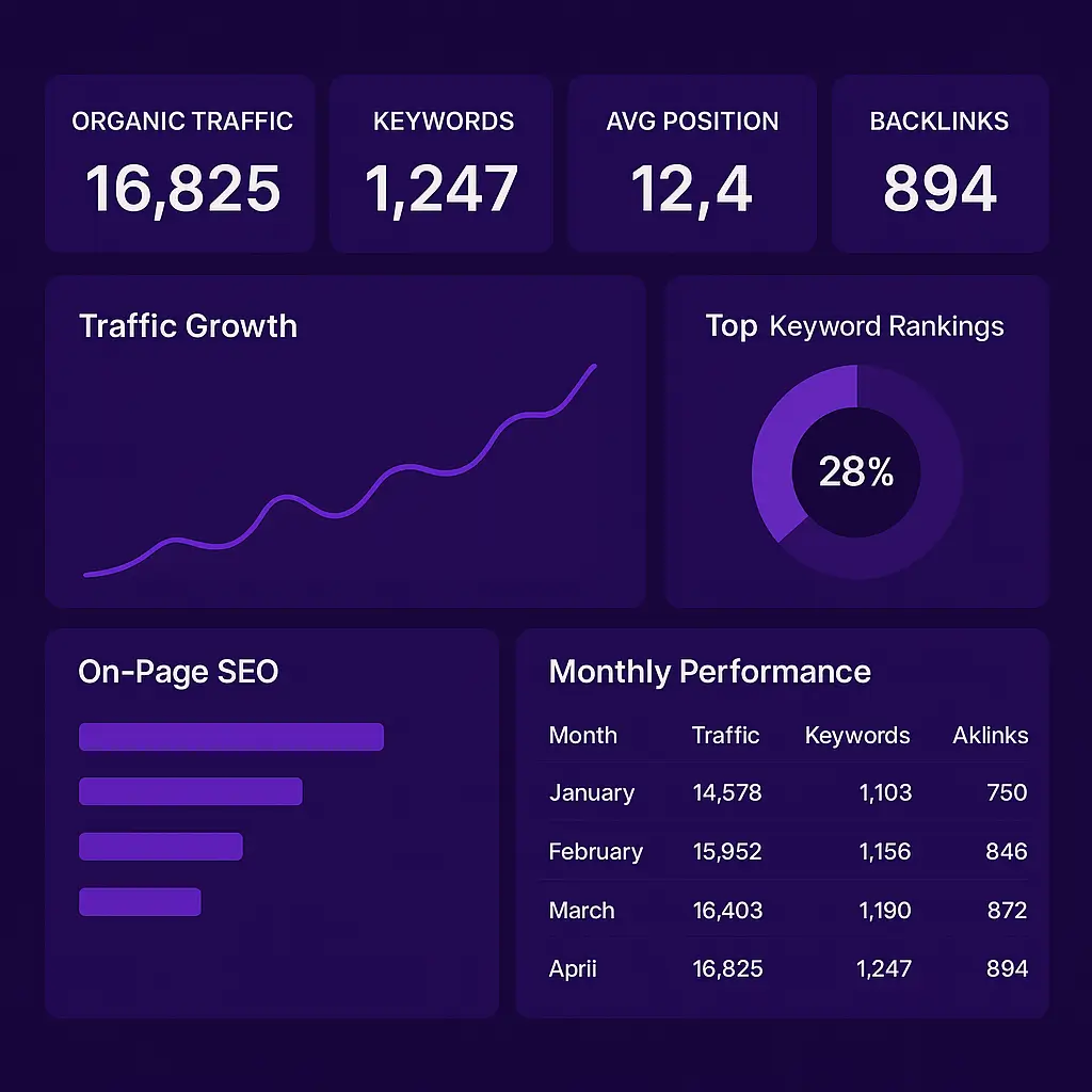 alt="AI digital marketing solutions performance dashboard with SEO, traffic growth, keyword rankings, and backlinks"