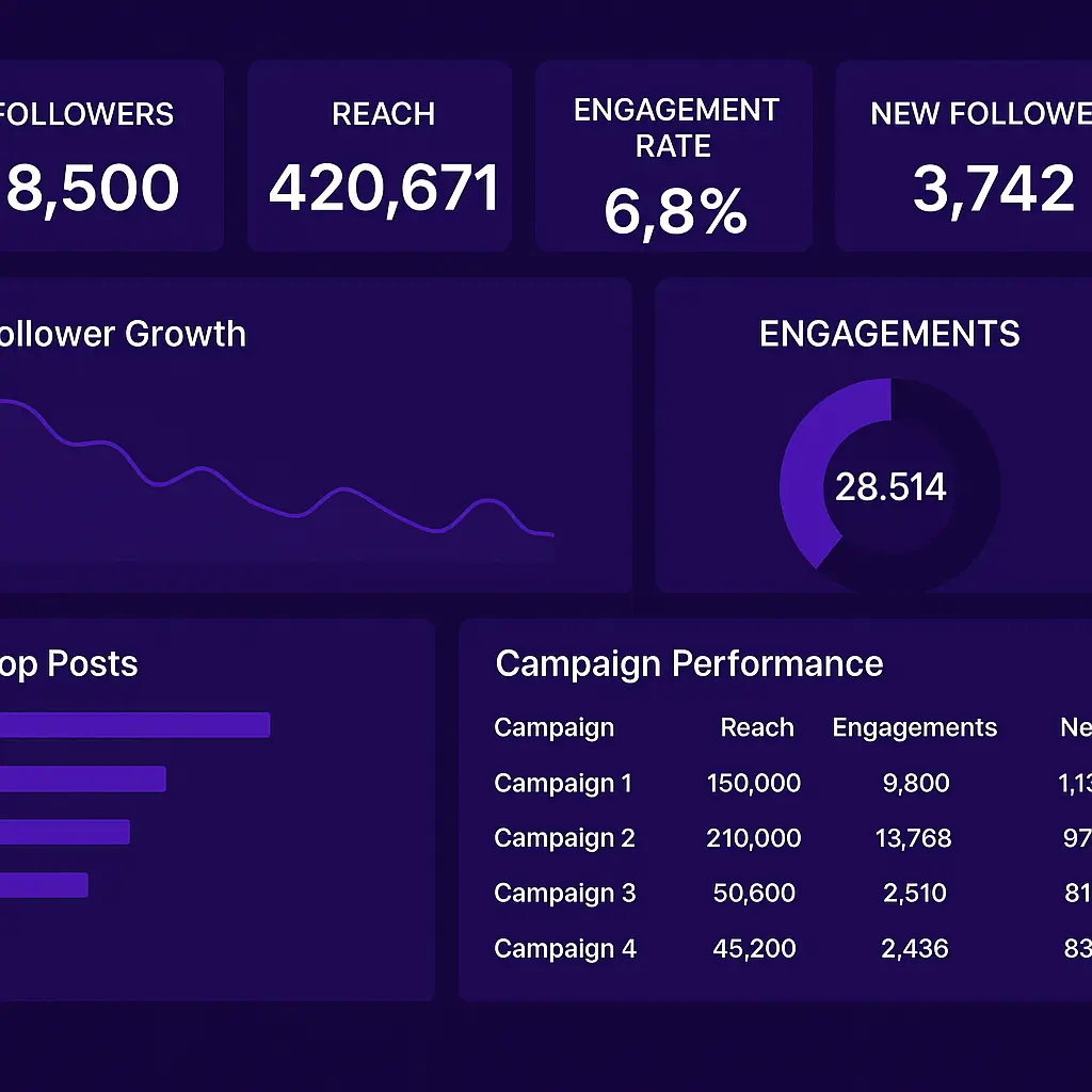 Social media analytics dashboard showing followers, reach, engagement rate, new followers, top posts, campaign performance, and engagement metrics. Modern dark purple design ideal for tracking social media growth, campaign results, and engagement insights for businesses and marketers.