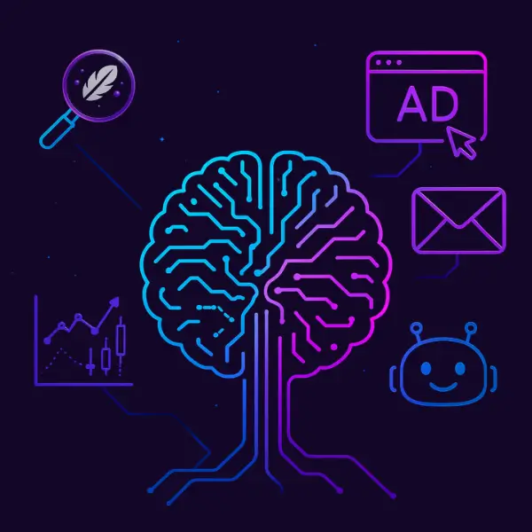 Visual representation of Seovative’s comprehensive digital marketing services including AI-driven SEO, Google Ads, PPC, social media marketing, content creation, website design, email campaigns, online reputation management, automation, and chatbot solutions for business growth.