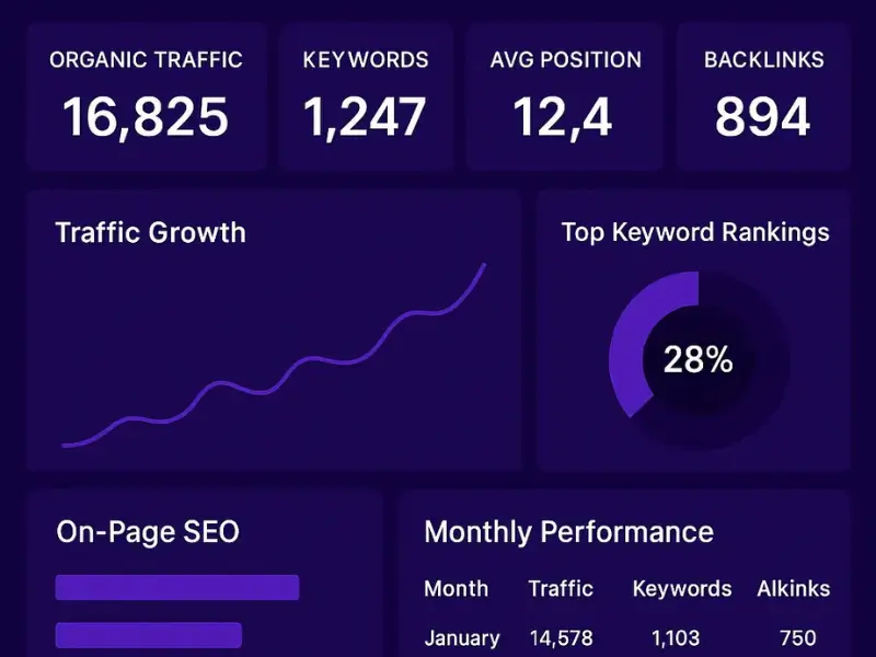 Seovative website analytics dashboard showing 18,500 website traffic, SEO score of 98, 10% bounce rate, average session duration of 3 minutes 10 seconds, top pages performance, traffic trends, and device breakdown—all displayed in a modern, easy-to-read 2x3 grid on a dark blue background.