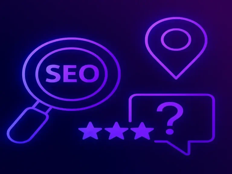 SEO solutions icon with neon purple background. AI marketing agency in South Africa offering Facebook, Instagram, Twitter, and LinkedIn digital growth, engagement, and brand management solutions.
