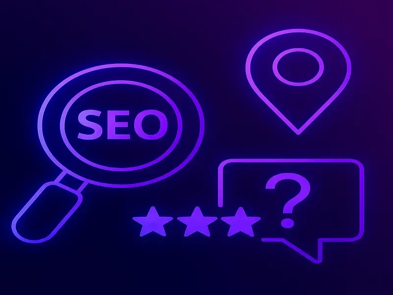 SEO solutions icon with neon purple background. AI marketing agency in South Africa offering Facebook, Instagram, Twitter, and LinkedIn digital growth, engagement, and brand management solutions.