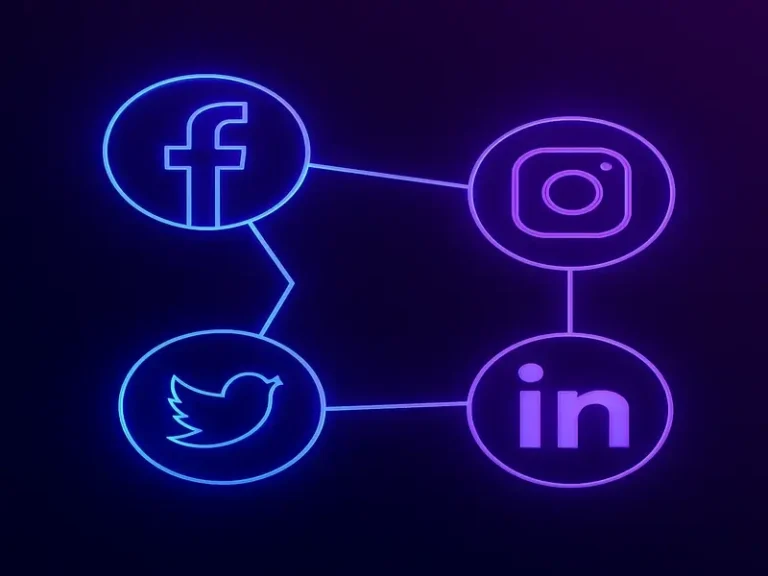 alt="Social media marketing services icon with neon purple background. AI marketing agency in South Africa offering Facebook, Instagram, Twitter, and LinkedIn digital growth, engagement, and brand management solutions."