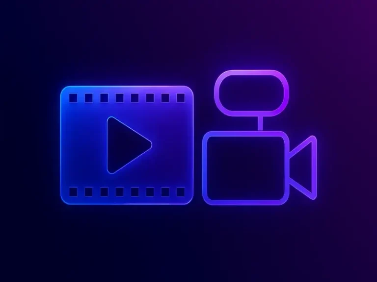 alt="Video production and marketing icon in neon purple style, showing a glowing film strip, play button, and camera. AI-powered marketing agency in South Africa offering video content creation, promotional video ads, and digital video production services."