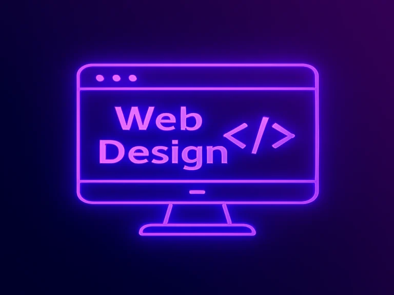 alt="Web design icon in neon purple style featuring a glowing computer monitor, layout window, and design elements. AI-powered marketing agency in South Africa offering professional web design, website development, and responsive digital solutions."