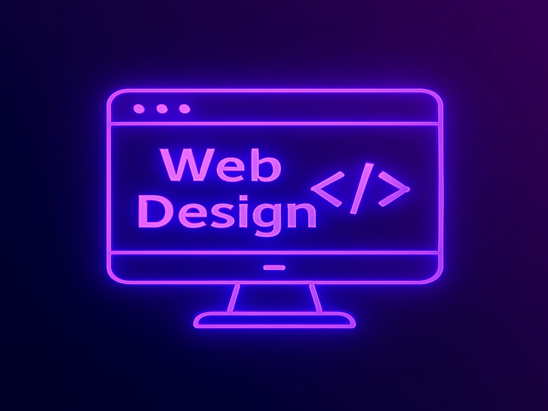 Web design services icon in neon purple style featuring a glowing computer monitor, layout window, and design elements.