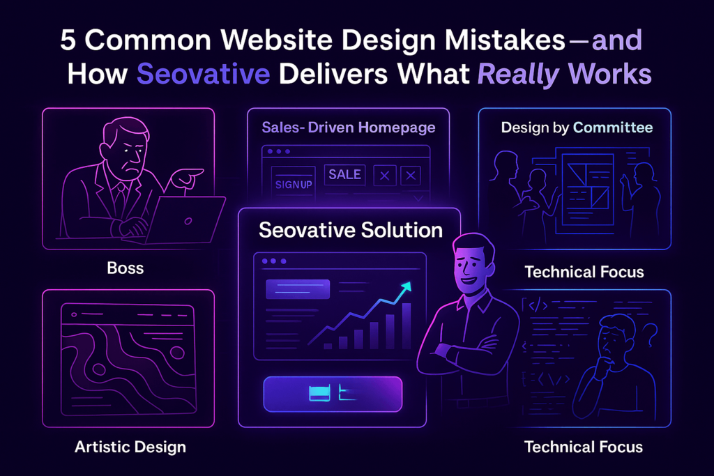 A digital infographic showing the top 5 website design mistakes—boss-driven design, sales-focused homepage, committee decision-making, artistic overload, and technical web development—contrasted with Seovative’s AI-powered, SEO-optimized, high-conversion website solution. Features modern UX design, improved user experience, higher Google rankings, and advanced digital marketing strategies on a dark, neon-themed background.