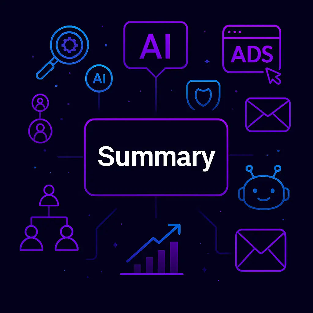 Seovative digital marketing summary illustration in neon hues, featuring AI, SEO, Google Ads, social media marketing, email marketing, chatbot automation, and video marketing icons, showcasing integrated small business growth solutions in Seovative’s brand colors