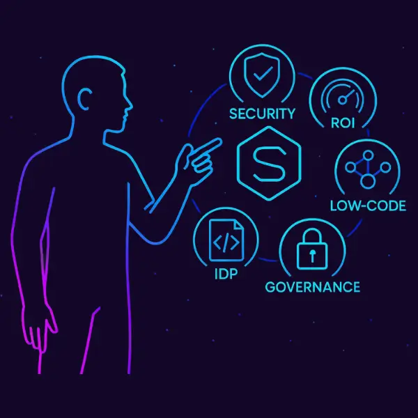 Why Choose Seovative: person points to business automation benefits—security, ROI, low-code, IDP and governance—in a neon theme
