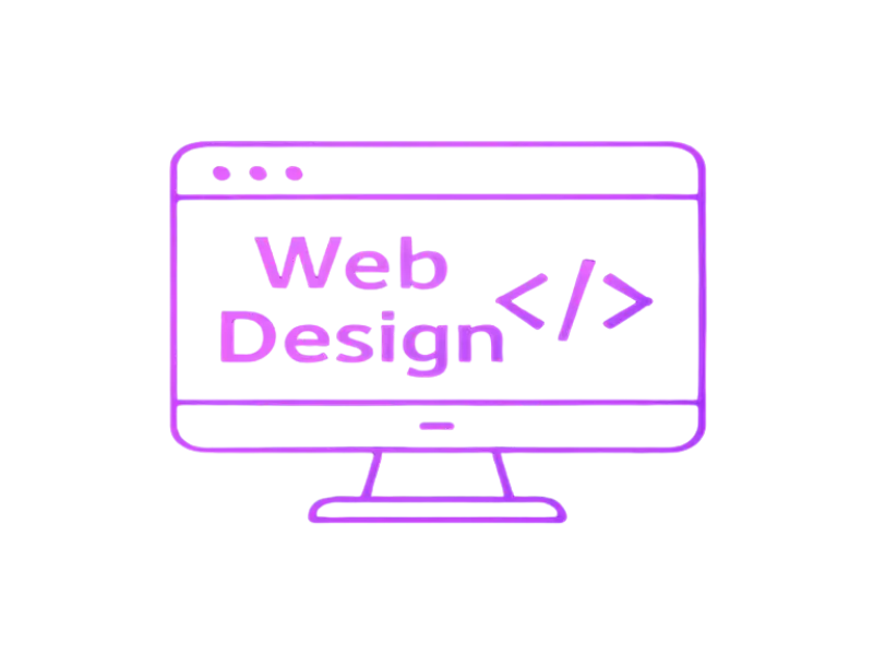 Web design icon in neon purple style featuring a glowing computer monitor, layout window, and design elements. AI-powered marketing agency in South Africa offering professional web design, website development, and responsive digital solutions