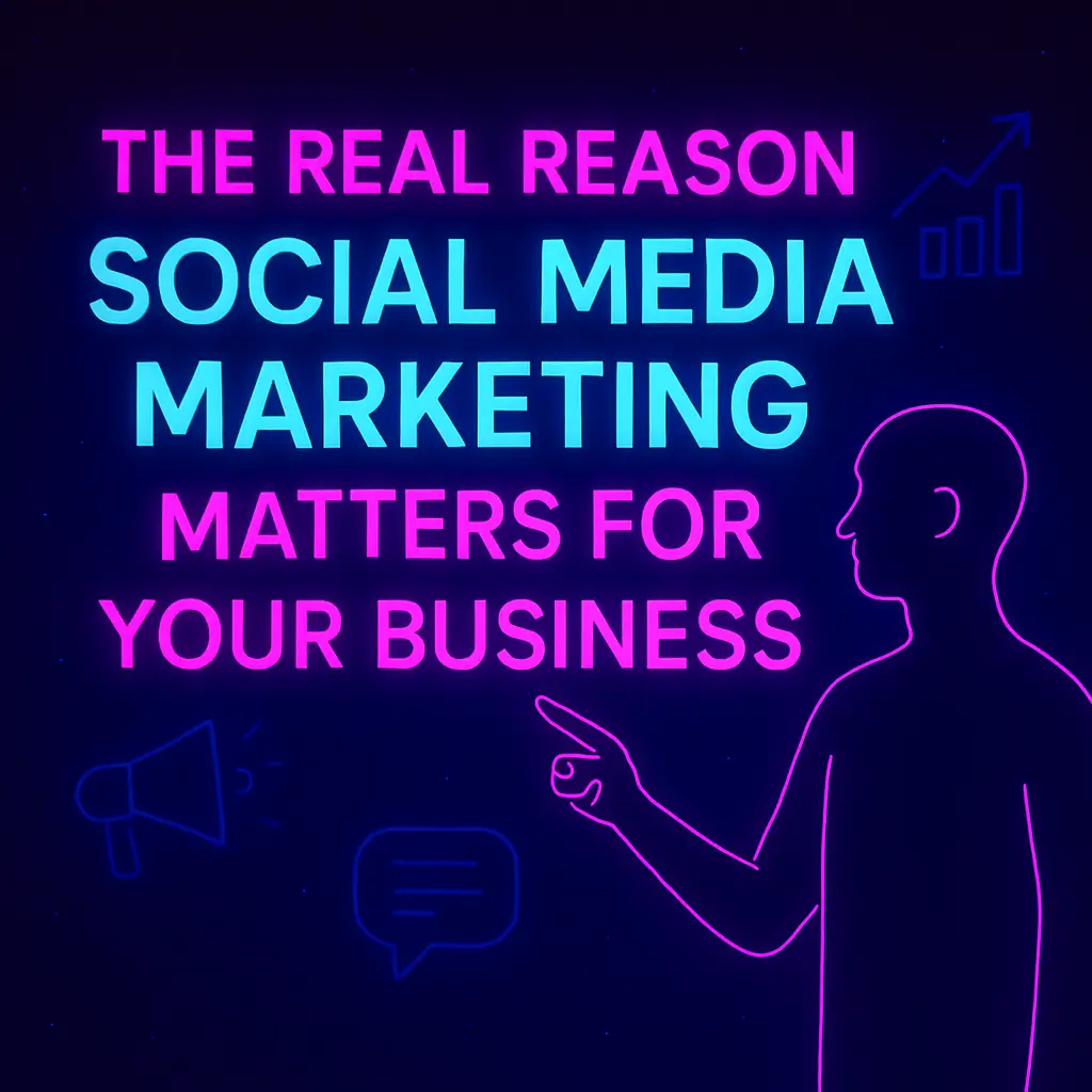 Digital neon-style graphic with a silhouette figure pointing toward glowing text that reads: ‘The Real Reason Social Media Marketing Matters for Your Business.’ Designed in vibrant turquoise and purple gradients on a dark background, symbolizing modern digital marketing, growth, and brand authority