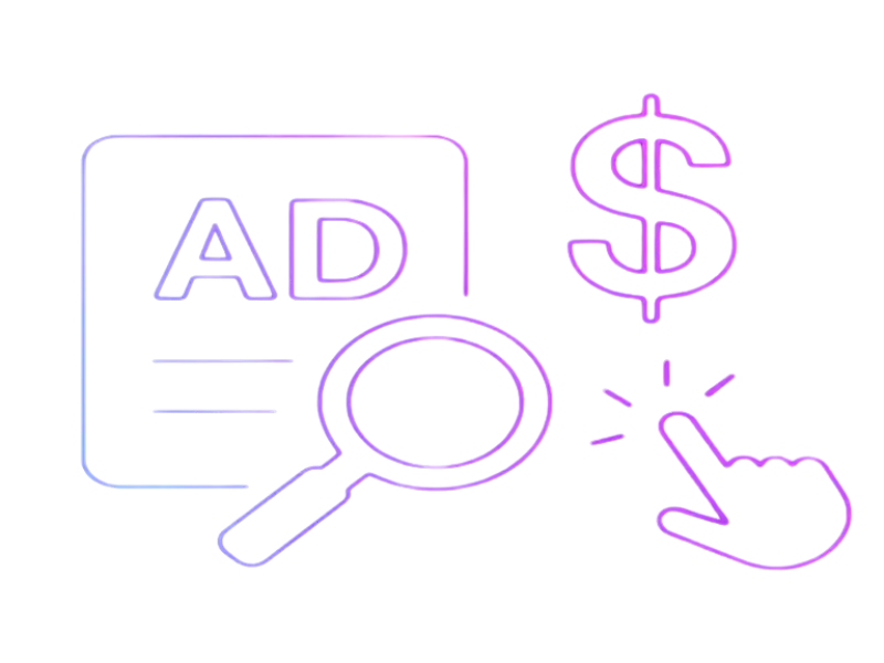 Futuristic digital marketing graphic showing glowing SEO and PPC icons on a dark purple background, with social media and email symbols representing AI-powered online advertising and search optimization