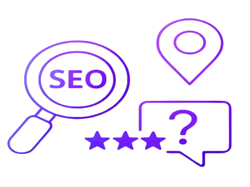 Seovative digital marketing service icons including email marketing, SEO, business growth analytics, and local search on a purple background, representing advanced search engine optimization, voice and answer engine optimization, and geo-targeted SEO solutions